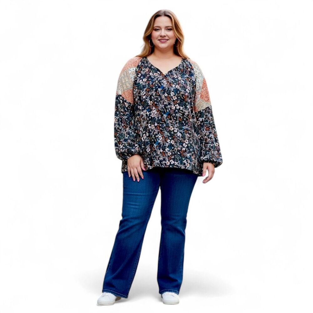 HAPTICS "Wistful For Love" Peasant Boho Mixed Media Top, NEW WITH TAGS! Size 3XL